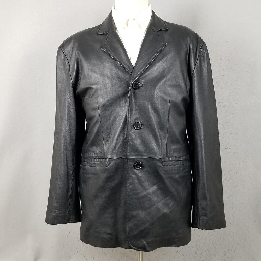 J‎ Ferrar Leather Jacket Mens Large Black Genuine Lambskin Blazer Coat 3 Button